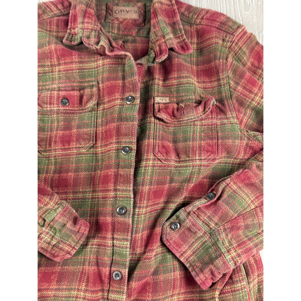 Orvis Mens Flannel Plaid Button Up Shirt Red Green Large Heavyweight Cotton - Picture 2 of 9